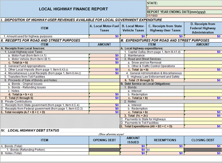 A visual representation of the blank "Local Highway Finance Report" form, used by local governments to report their unique revenue and spending. 