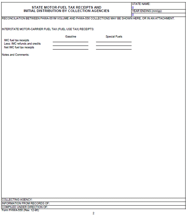 FHWA Form 556 (page 2) &mdash; reconciliation page for interstate motor‑carrier (IFTA/IMC) fuel receipts with columns for Gasoline and Special Fuels, a notes/comments area, and preparer/agency lines at the bottom; mostly blank.