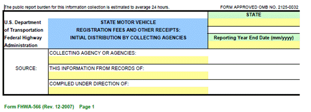"FHWA Form 566 header box titled &lsquo;State Motor Vehicle Registration Fees and Other Receipts: Initial Distribution by Collecting Agencies&rsquo; with fields for State, Reporting Year End Date, Collecting Agency or Agencies, Source, &lsquo;This information from records of,&rsquo; and &lsquo;Compiled under direction of&rsquo; (blank entry fields)."