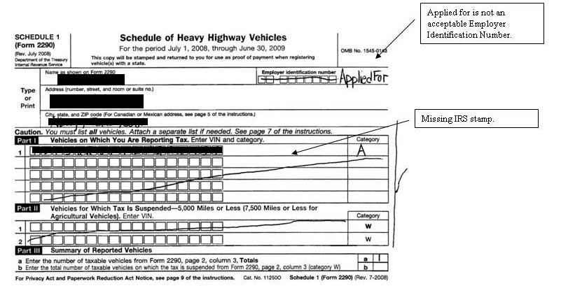 IRS Form showing a line through the EIN number and the words "Applied for" instead, which is not an acceptable EIN entry. In addition, the form does not have an IRS stamp.