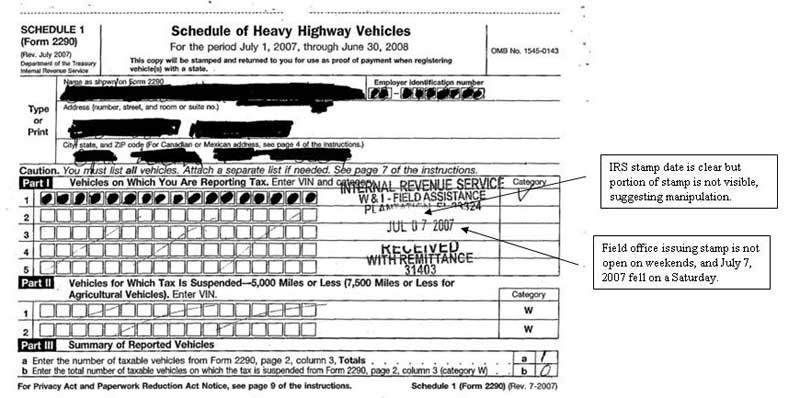 IRS Form 2290 showing a "paid" stamp that is clear, but a portion of the stamp is not visible, suggesting manipulation. In addition, the stamp indicates July 7, 2007, which fell on a Saturday, a day when the field office would not have been open.