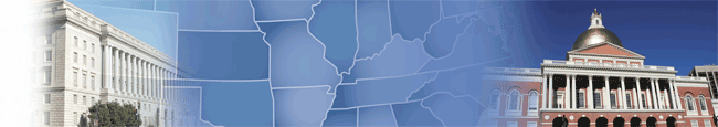 Photo collage of IRS building, map of states, and generic state-government building