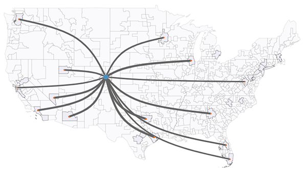 Map of the United States showing the top 14 air passenger origins destinated to the Denver metropolitan zone.