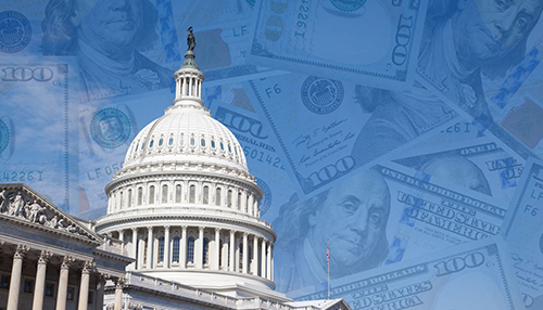 A composite illustration featuring the white dome of the U.S. Capitol building set against a backdrop of overlapping, blue-tinted one-hundred-dollar bills.