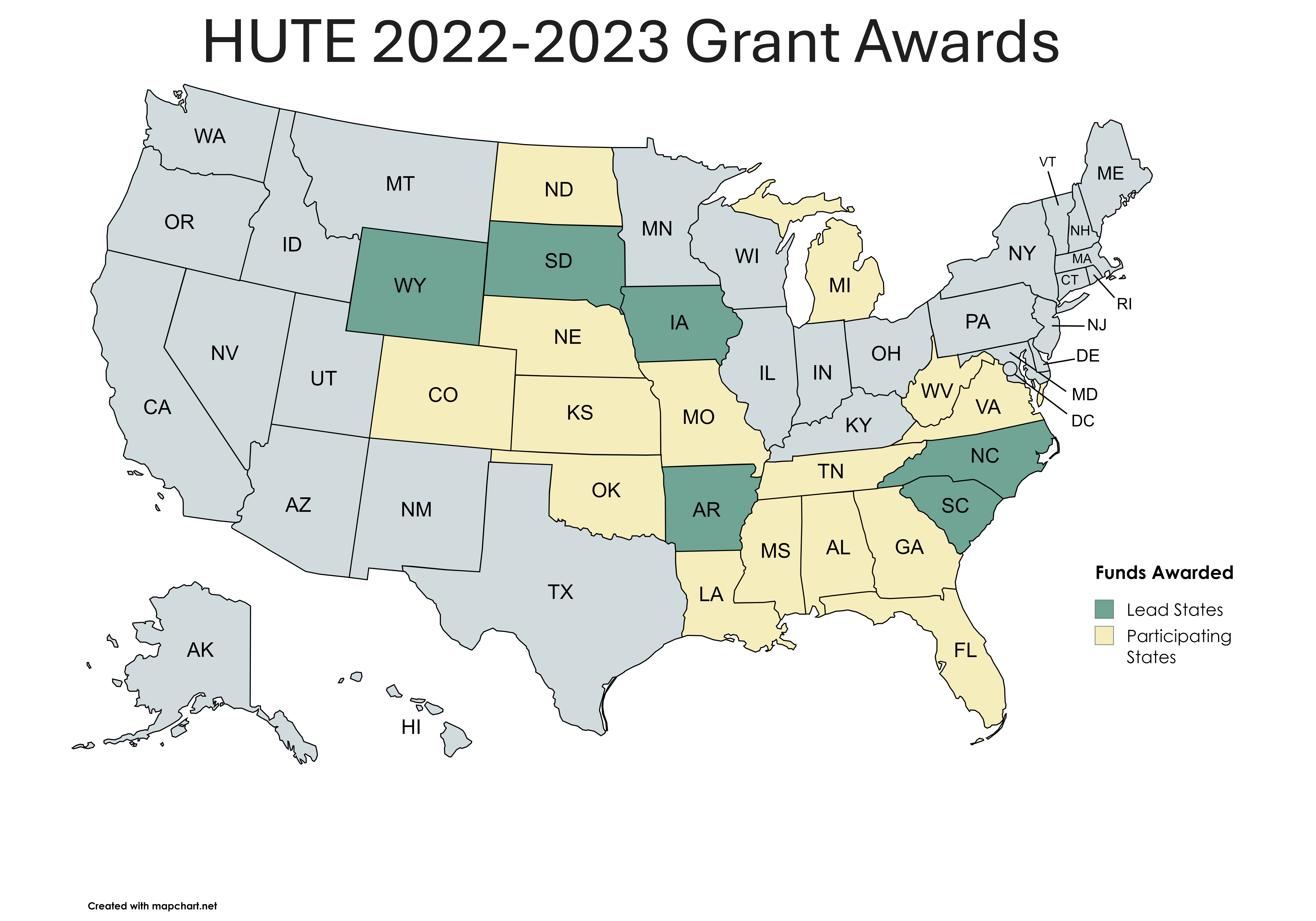 Map of United States with FY 2022 and 2023 HUTE Grant Awards Recipients States highlighted. Lead States are: Arkansas, Iowa, North Carolina, South Carolina, South Dakota, Wyoming. Participating States: Alabama, Colorado, Georgia, Florida, Kansas, Louisiana, Michigan, Mississippi, Missouri, Nebraska, North Dakota, Oklahoma, Tennessee, Virginia, West Virginia.