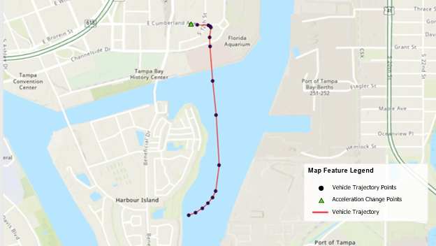 This map of Tampa, Florida, illustrates wrong path history of basic safety message data. A line representing vehicle trajectory extends into the water.