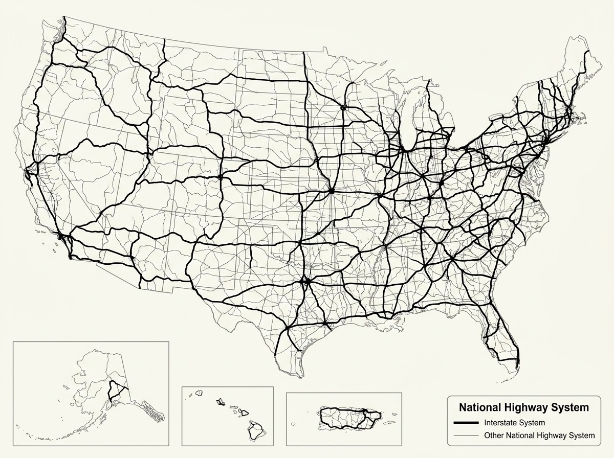 A map of the United States National Highway System showing a dense network of roads across the contiguous U.S., with inset maps for Alaska, Hawaii, and Puerto Rico. Thick lines represent interstate highways, and thin lines represent other National Highway System (NHS) roads.