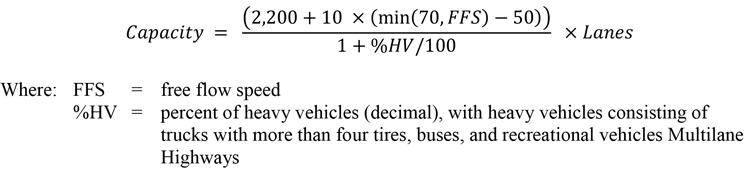 Figure 2 is an equation that shows that the capacity calculation for freeways is a function of free flow speed, percent of heavy vehicles in the traffic stream and number of lanes.