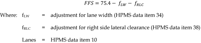 Figure 3 is an equation that shows that free flow speed is calculated as 75.4 minus adjustment factors for lane width and right side lateral clearance.
