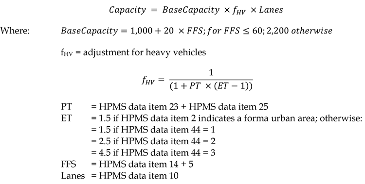 Figure 4 is an equation that shows the capacity of multilane highways is the base capacity times an adjustment factor for heavy vehicles times the number of lanes. The base capacity for multilane highways is calculated as 1,000 plus the product of 20 times free flow speed for free flow speeds less than or equal to 60; otherwise it is equal to 2,200. The adjustment factor for heavy vehicles is a function of the percentage of trucks in the traffic stream and a factor that accounts for vertical alignment of the roadway.