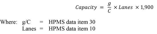 Figure 5 is an equation that shows the capacity of a signalized highway is equal to the amount of green time divided by the cycle length times the number of lanes times 1,900.