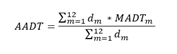 A-A-D-T equals the following fraction: the numerator is the sum from m equals 1 to 12 of d sub m, multiplied by M-A-D-T sub m; the denominator is the sum from m equals 1 to 12 of d sub m.