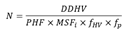 N equals the following fraction: the numerator is D-D-H-V; the denominator is P-H-F, multiplied by M-S-F sub i, multiplied by f sub H-V, multiplied by f sub p.