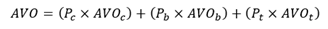 A-V-O equals the following: the quantity P sub c multiplied by A-V-O sub c, plus the quantity P sub b multiplied by A-V-O sub b, plus the quantity P sub t multiplied by A-V-O sub t.