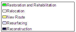 Legend: Lime Green is for Restoration and Rehabiliation. White is Relocation. Yellow is New Route. Blue Stripes is Resurfacing. Blue is Reconstruciton