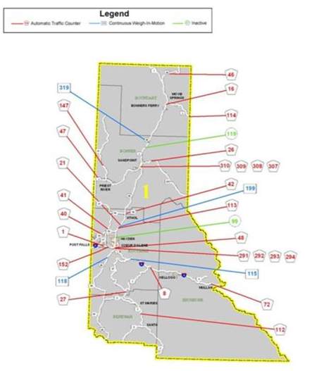 District 1 (North Idaho). This map, a website screenshot, shows the locations and categories of count locations in Idaho’s District 1.