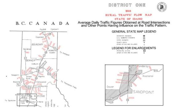 Partial District 1 Flow Map. This map shows AADT volumes for a network of roads in northern Idaho. An inset map for a portion of the area is also shown.