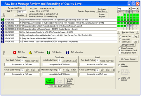 VDOT Quality Analysis Software: This website screenshot shows a quality analysis output screen. The output screen contains a variety of information including quality ratings for volume, classification, and speed data and a series of messages divided into the four message urgency levels (question, informational advisory, warning, and error).