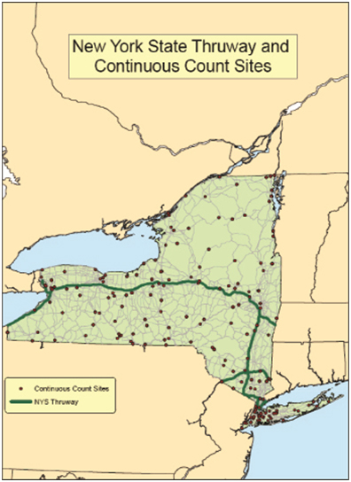 New York State Thruway and Continuous Count Sites. This map of New York shows the location of the New York State Thruway and the State’s continuous count sites.