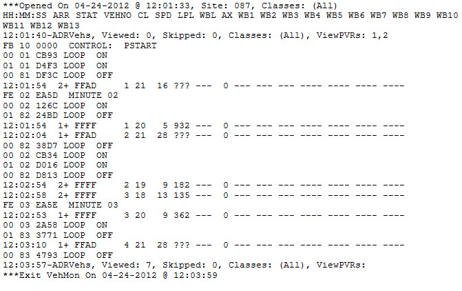 VML Print-Out. This graphic is a partial Vehicle Monitoring Log print-out.