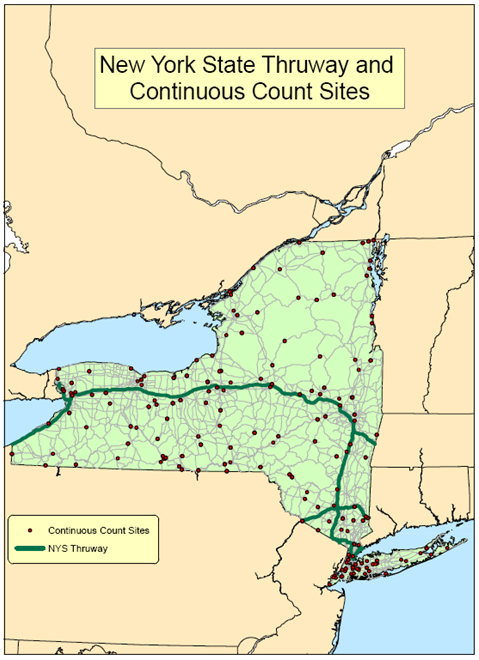 New York State Thruway and Continuous Count Sites. This map of New York shows the location of the New York State Thruway and the State’s continuous count sites.
