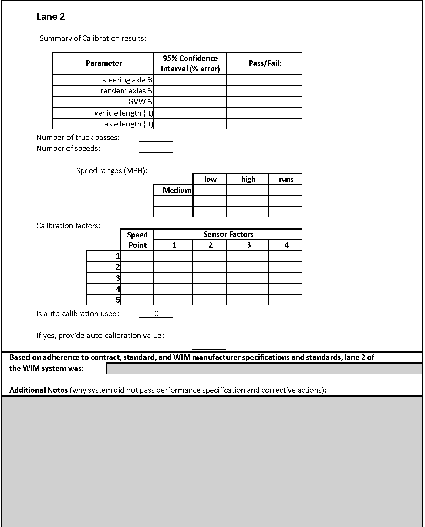 WIM Calibration Summary Report - Lane 2 with fields for Summary of Calibratiob Results, Number of truck passes, Number of speeds, Speed ranges(MPH), Calibration Factors and Additional Notes