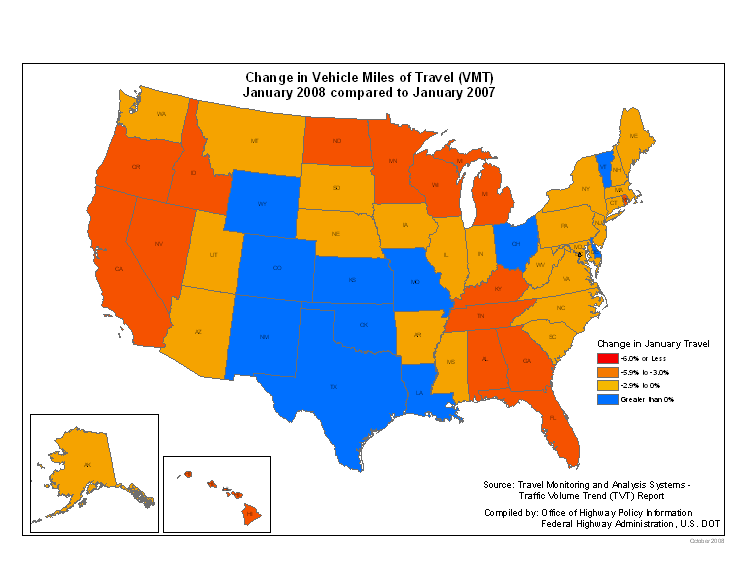 Change in Vehicle Miles of Travel (VMT) January 2008 compared to January 2007 - - click for data