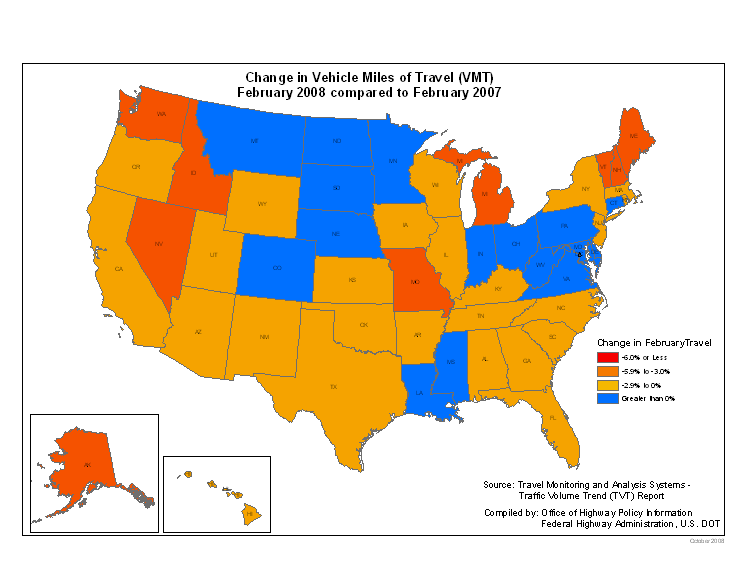Change in Vehicle Miles of Travel (VMT) February 2008 compared to February 2007 - click for data