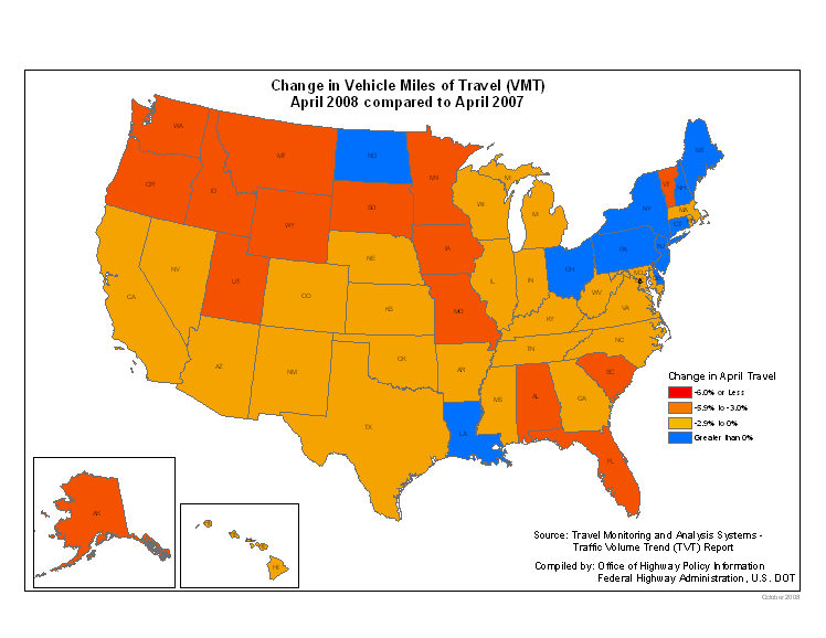 Change in Vehicle Miles of Travel (VMT) April 2008 compared to April 2007</a> - click for data