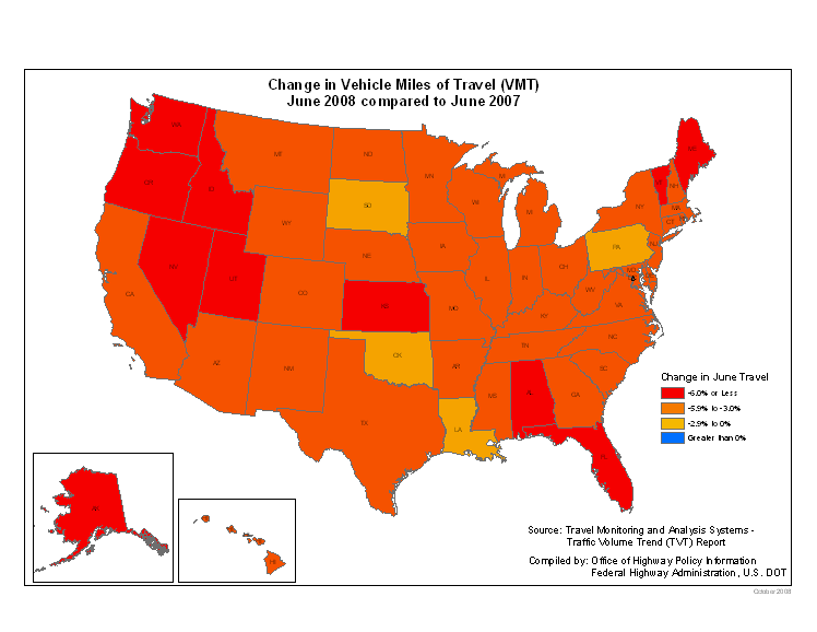 Change in Vehicle Miles of Travel (VMT) June 2008 compared to June 2007 - click for data