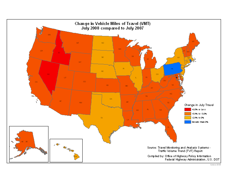 Change in Vehicle Miles of Travel (VMT) July 2008 compared to July 2007 - click for data