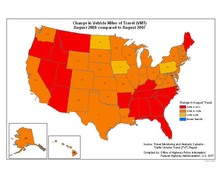 Change in Vehicle Miles of Travel (VMT) August 2008 compared to August 2007 - click for data