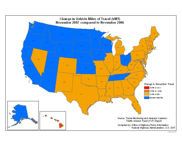 Change in Vehicle Miles of Travel (VMT) November 2007 compared to November 2006 click for data