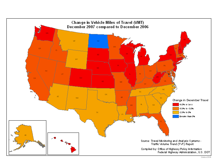 Change in Vehicle Miles of Travel (VMT) December 2007 compared to December 2006 - click for data