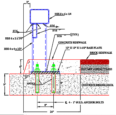 BRIDGE RAIL SECTION. BRIDGE OVER SAN ANTONIO CHANNEL. CURB MOUNTED RETROFIT. Cross Section