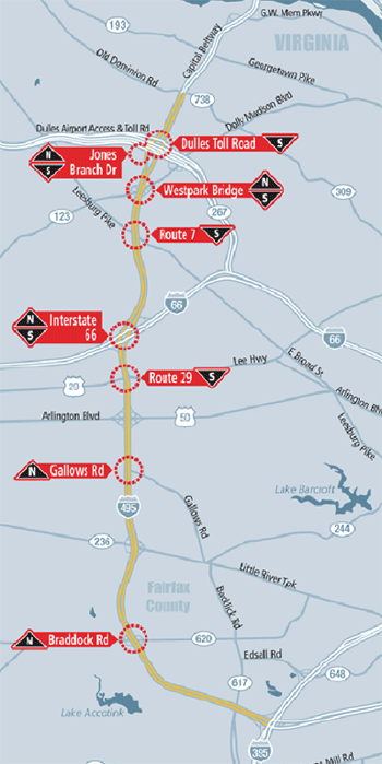 I-495 HOT Lanes Project Area – This figure shows the general project area between the Springfield Interchange (I-95/395/495) to the south and the Dulles Toll Road / Airport Access Highway to the north.