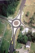Aerial view of modern roundabout intersection.