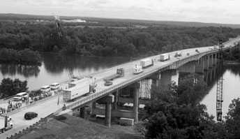 Photo of traffic flowing eastbound on reconstructed bridge
