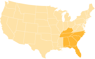 Map of U.S., states highlighted are Kentucky, Tennessee, North Carolina, Mississippi, Alabama, Georgia, South Carolina, and Florida