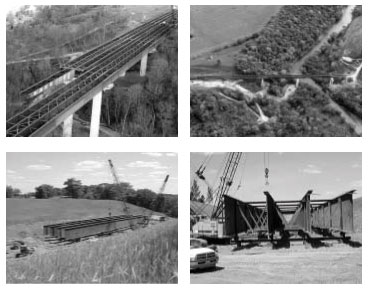 Top left and right: Aerial views of the Iowa River Bridge under construction. Bottom left: The launching pit during assembly of the steel girders for the bridge's eastbound section. Bottom right: The steel girders during assembly.