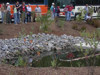 National Hydraulics Conference participants visit the North Carolina Department of Transportation's bioretention basin at I-40 and the Swannanoa River in Buncombe County. The basin diverts excess stormwater runoff and traps sediment and other pollutants.