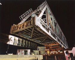 The second span of the Norfolk Southern Railroad Truss Bridge during launching.