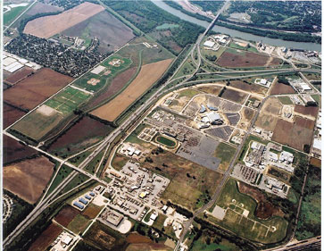 An aerial view of the 24th Street Bridge interchange in Council Bluffs, IA (shown at bottom left of photo).