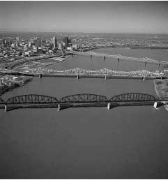 As part of the Ohio River Bridges Project, a new bridge will be built connecting downtown Louisville, Kentucky, on the left, and southern Indiana. Existing bridges to the downtown area are shown here.