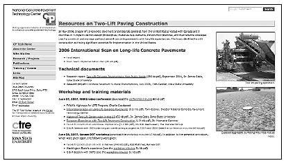 Screen Capture. The screen shot shows the National Concrete Pavement Technology Center's Resources on Two-Lift Paving Construction home page.