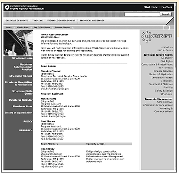 Screen Capture. The screen shot shows the Federal Highway Administration's (FHWA) Structures Resource Center home page.