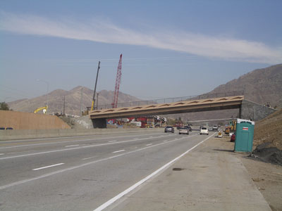 Figure 4. Photo. The completed 4500 South bridge. Traffic is moving on I-215.
