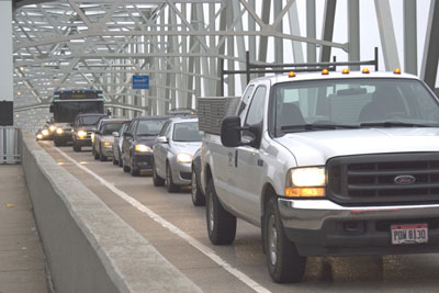 A view of traffic crossing Taylor Southgate Bridge, which connects Cincinnati, OH, and Newport, KY.