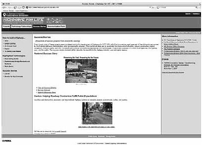Screen Capture. The screen capture shows the Highways for LIFE Web page with the header "Success Stories" (www.fhwa.dot.gov/hfl/success.cfm).