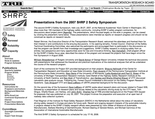Screen Capture. The screen capture shows the SHRP 2 Web page with the header "Presentations from the 2007 SHRP 2 Safety Symposium" (www.trb.org/shrp2/SHRPII_SymposiumPresentations.asp).